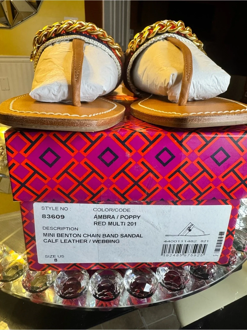 Tory Burch Mini Benton Chain Band Sandal Calf Leather / Webbing. Size 8